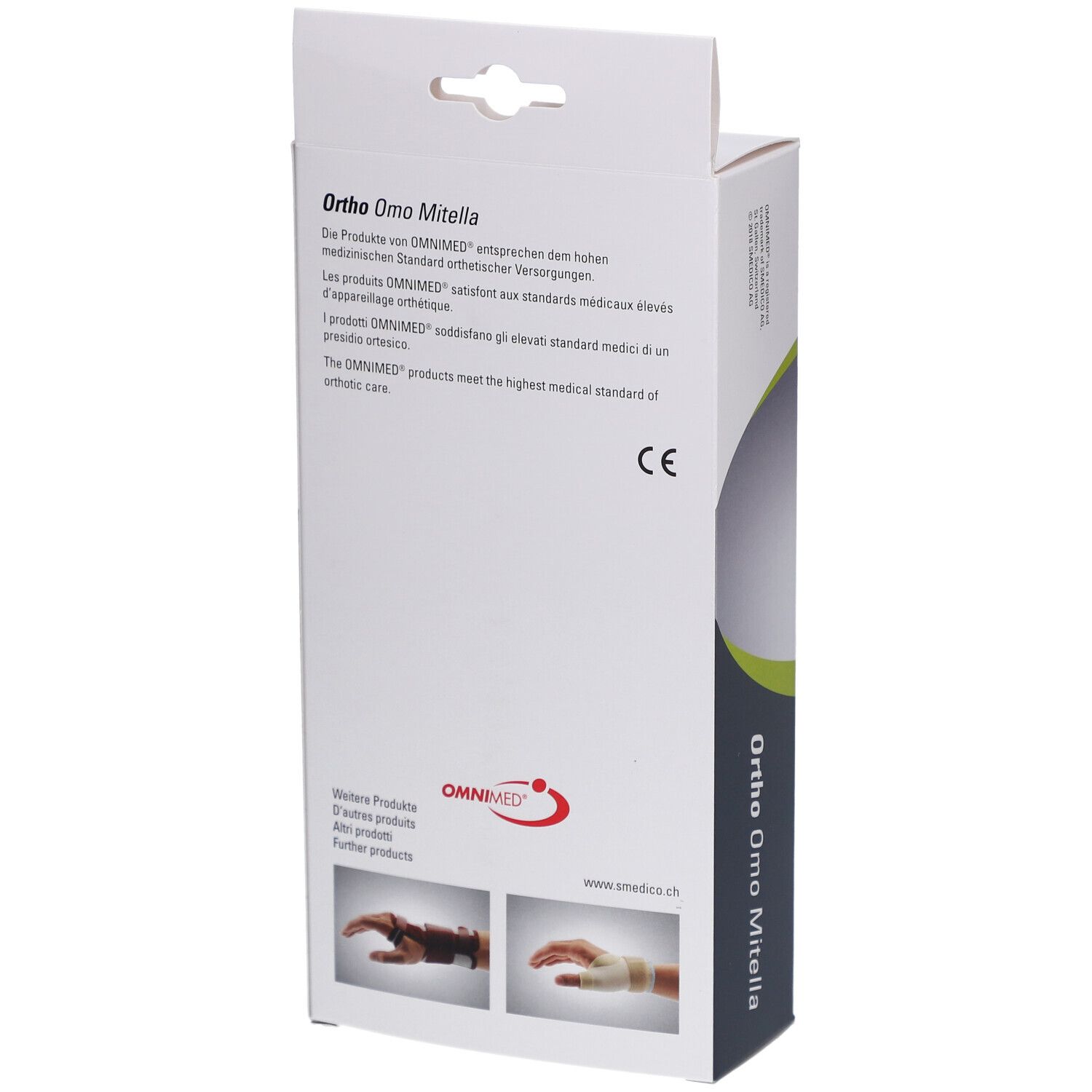 Dos de l'emballage Omnimed Ortho Omo Mitella. Texte : Ortho Omo Mitella, marquage CE, informations sur le produit, logo Omnimed.