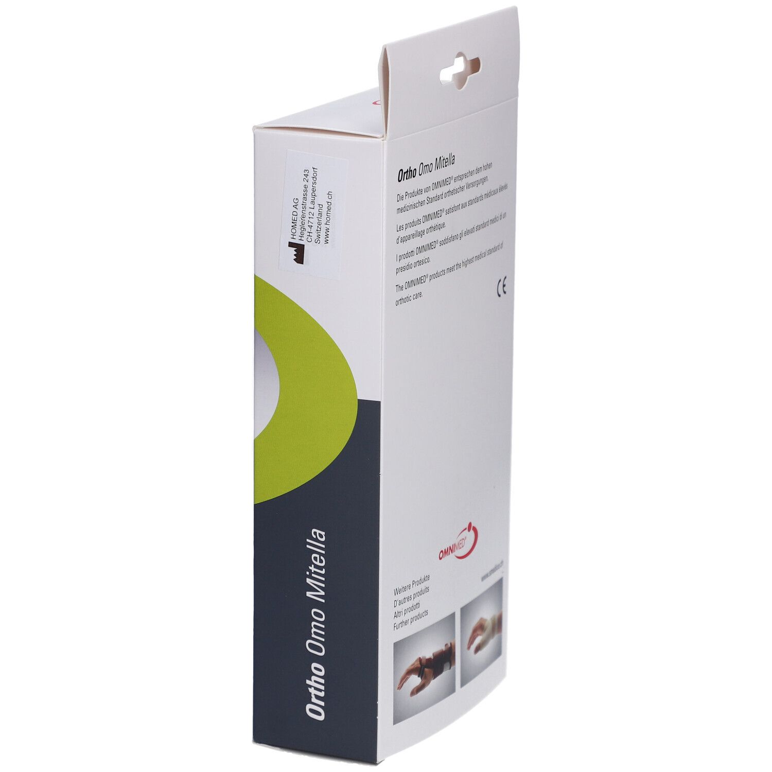Vue latérale de l'emballage Omnimed Ortho Omo Mitella. Texte : Ortho Omo Mitella, logo Omnimed, marquage CE.