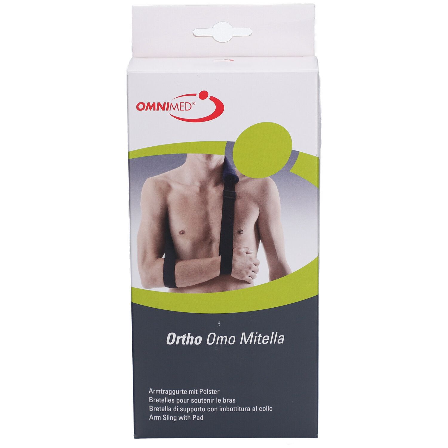 Emballage Omnimed Ortho Omo Mitella. Vue de face. Illustration du produit. Texte : Ortho Omo Mitella, écharpe de bras avec coussin.