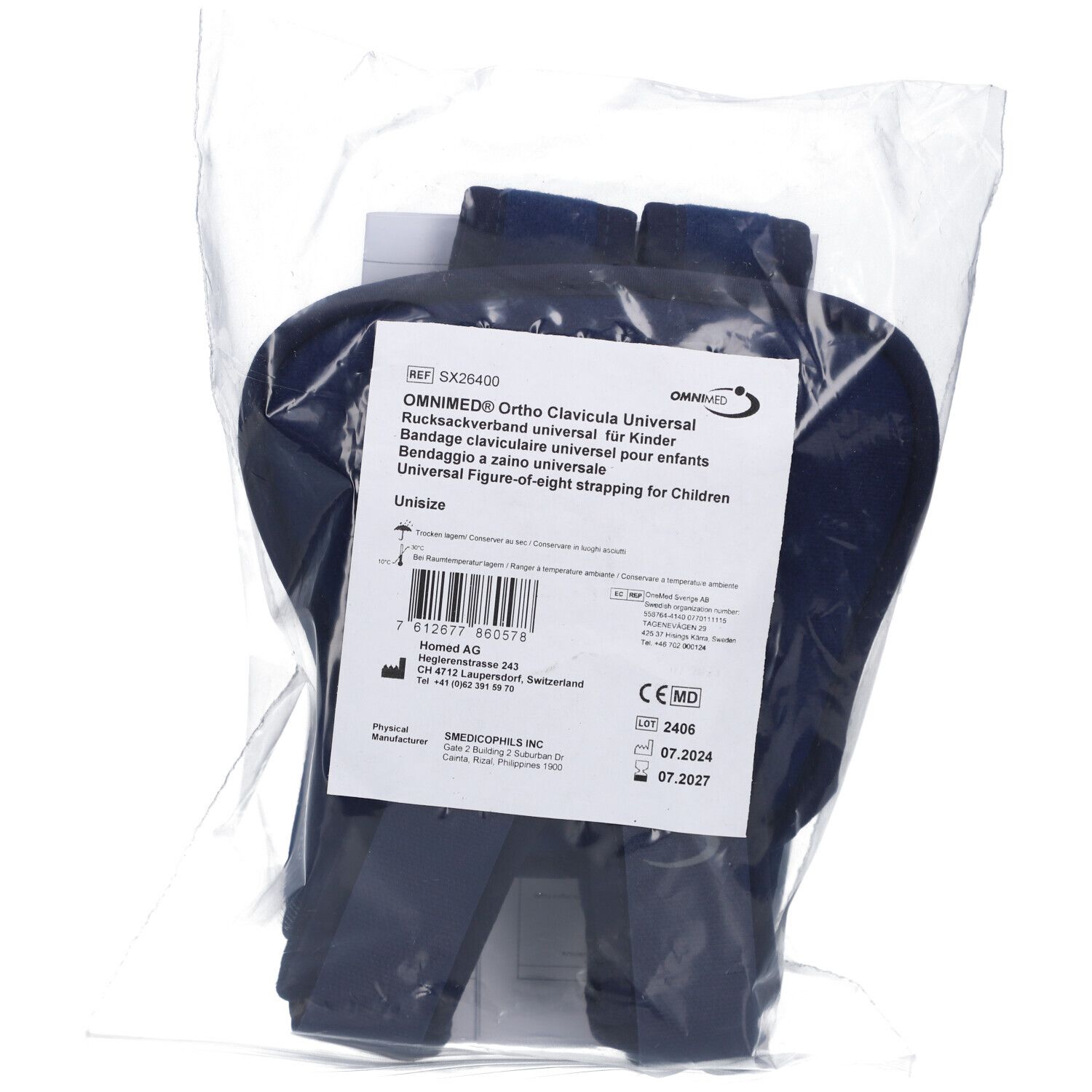 OMNIMED Ortho Clavicula Universal Kinder, verpakt. Donkerblauwe schouderbandage met etiket. CE-markering.