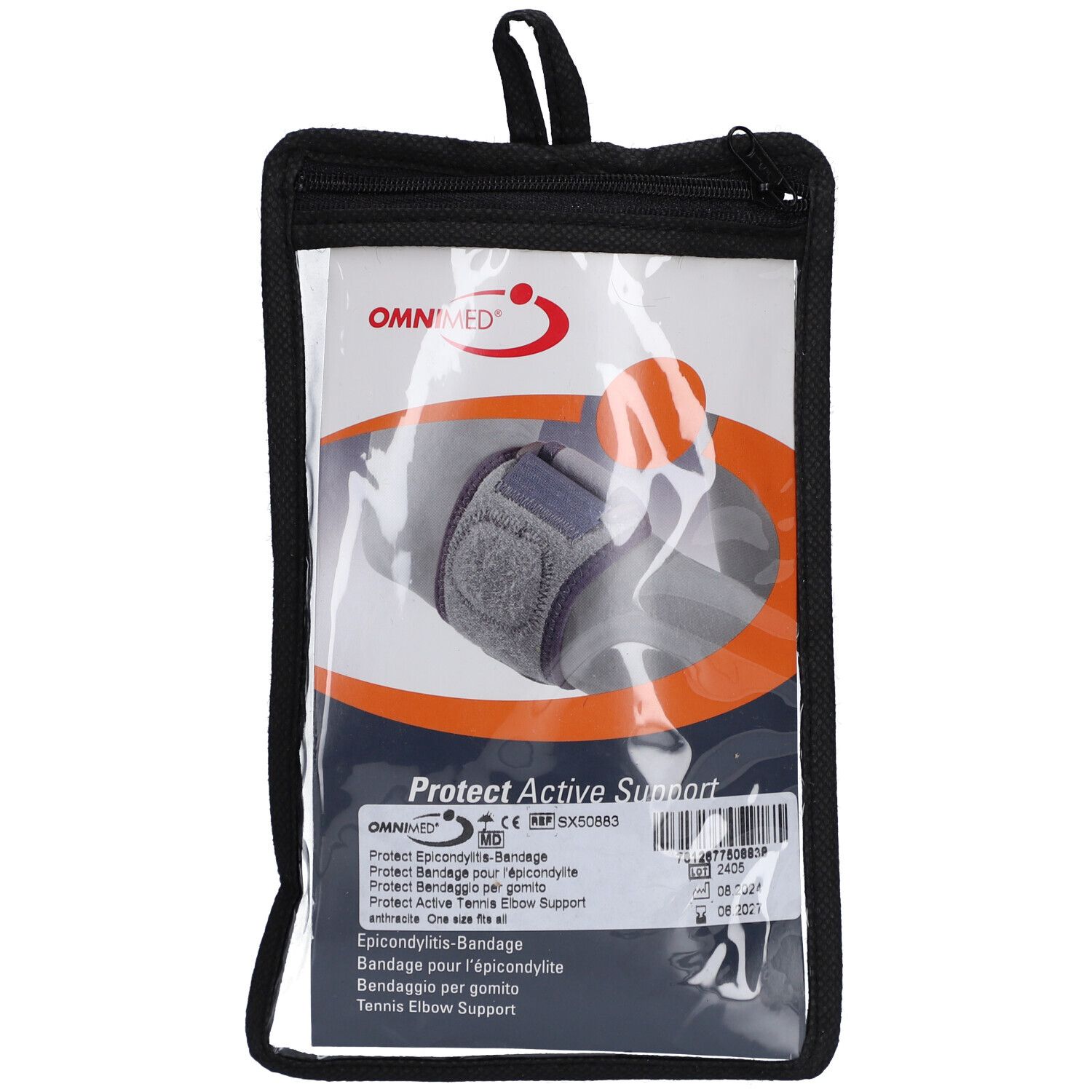 Bandage dans un étui noir. Visibles: logo, nom du produit, texte multilingue. Marquage CE.