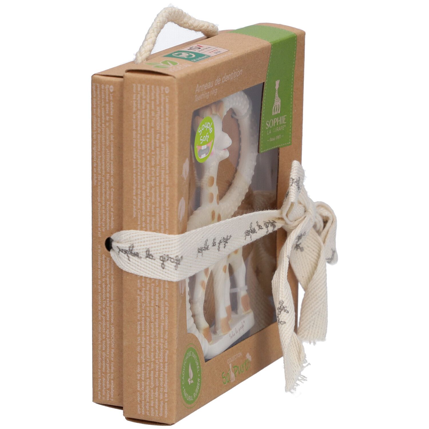 Verpakking van de bijtring. Zijaanzicht. Doos met lint. Giraffe in venster. Handvat van touw.