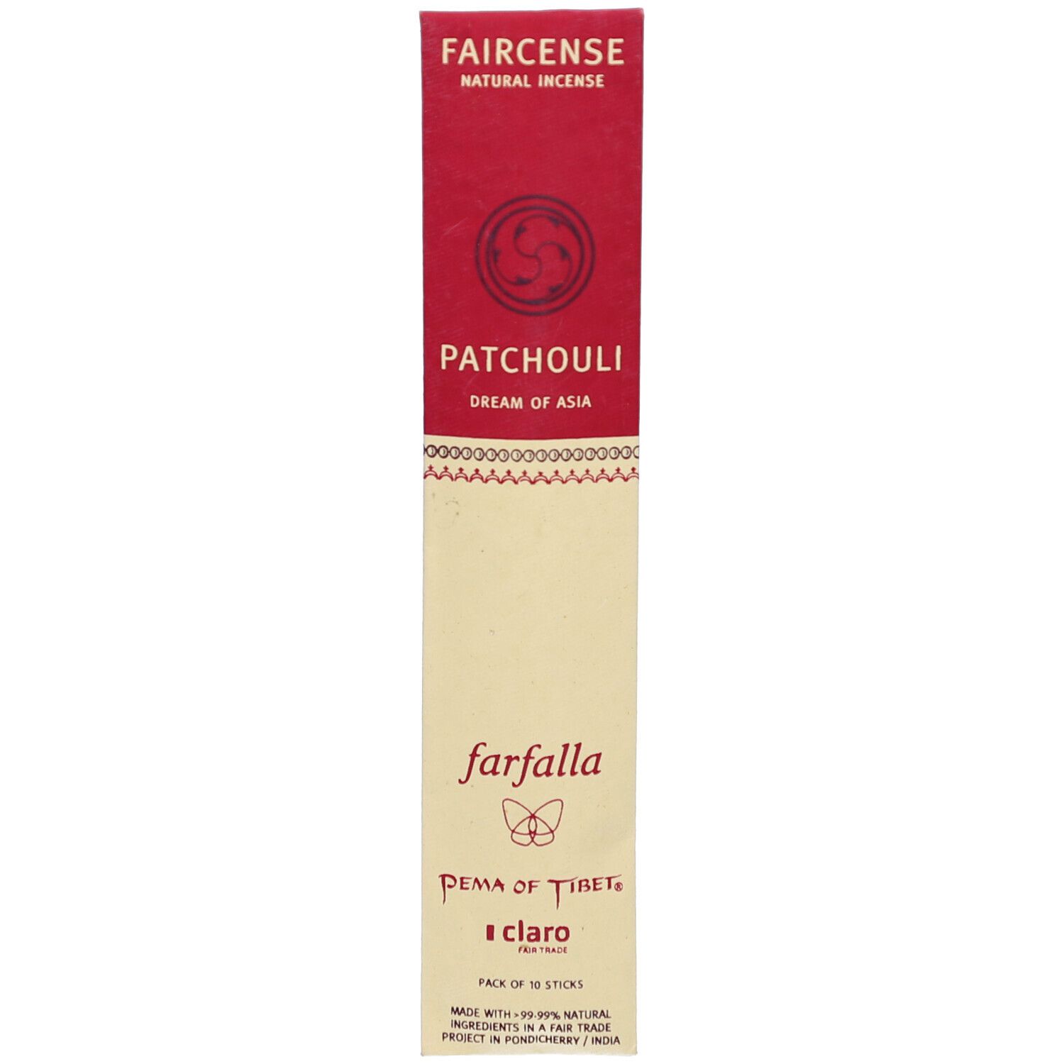 Paquet d'encens. Bande rouge avec "FAIRCENSE" et "Patchouli". Logo "farfalla" et texte "Pema of Tibet".