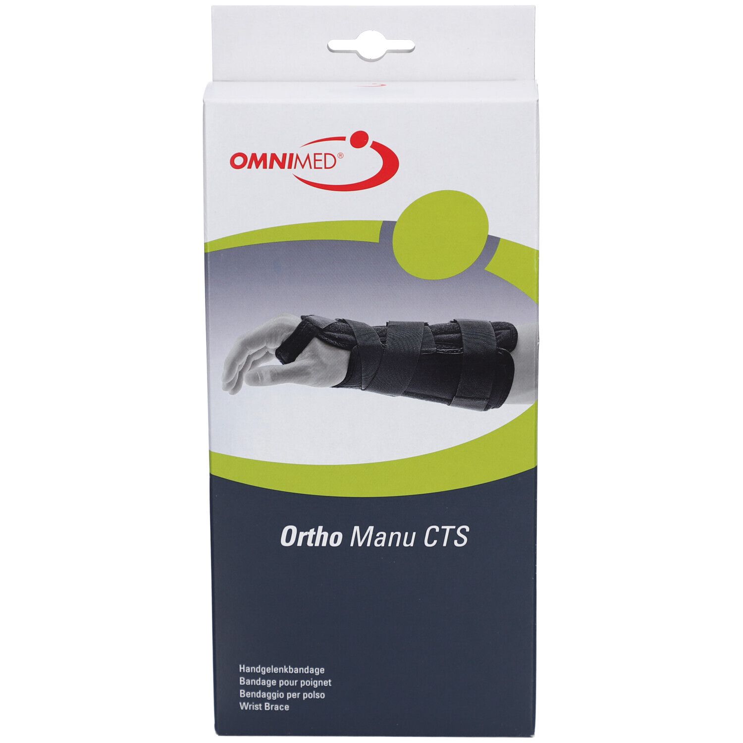 Attelle de poignet dans son emballage. Attelle noire avec fermetures velcro. Logo OMNIMED et nom du produit Ortho Manu CTS.