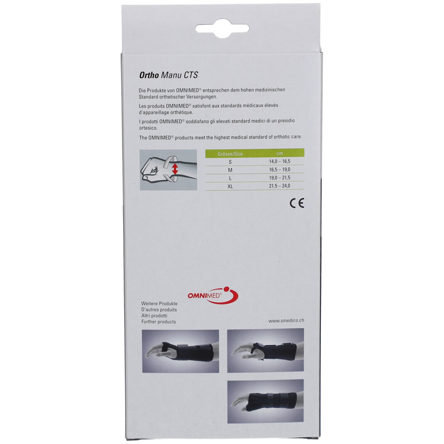 Emballage de l'attelle de poignet Ortho Manu CTS. Tailles : S (14,0-16,5 cm), M, L, XL. Marque OMNIMED. Marque CE.