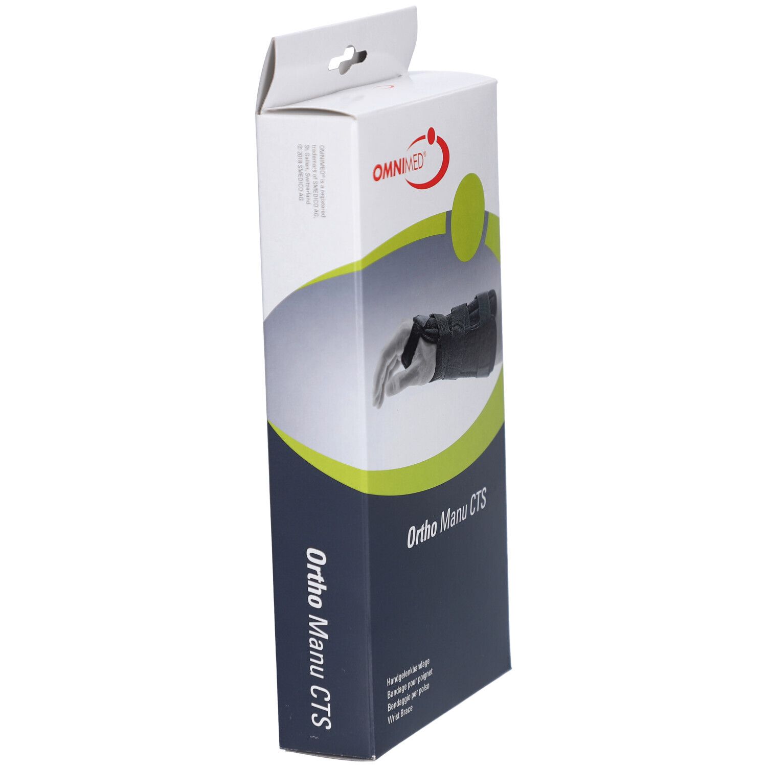 Emballage de l'attelle de poignet Ortho Manu CTS d'OMNIMED. Vue latérale de l'emballage. Emballage blanc et bleu.