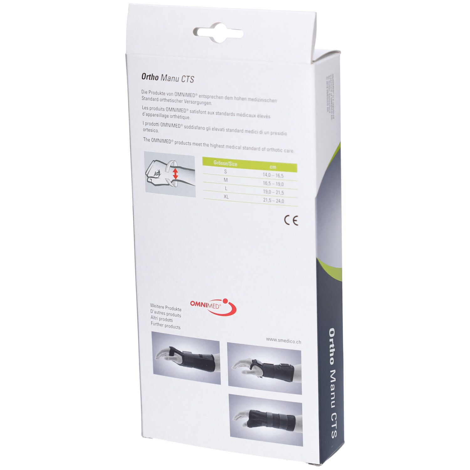 Dos de l'emballage de l'attelle de poignet Ortho Manu CTS. Informations sur les tailles et illustrations du produit. Marquage CE.