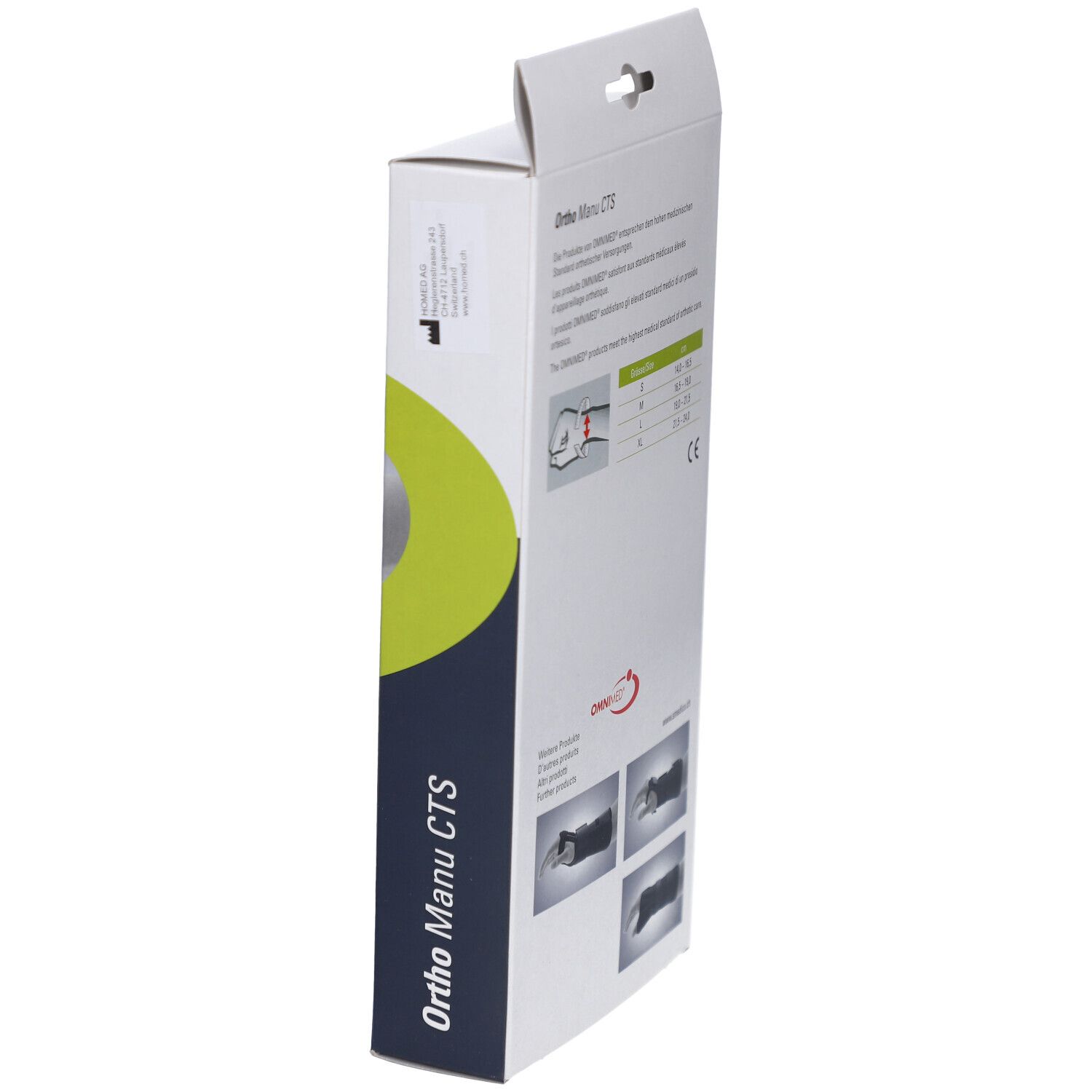 Vue latérale de l'emballage de l'attelle de poignet Ortho Manu CTS. Informations sur les tailles et illustrations du produit. Marquage CE.