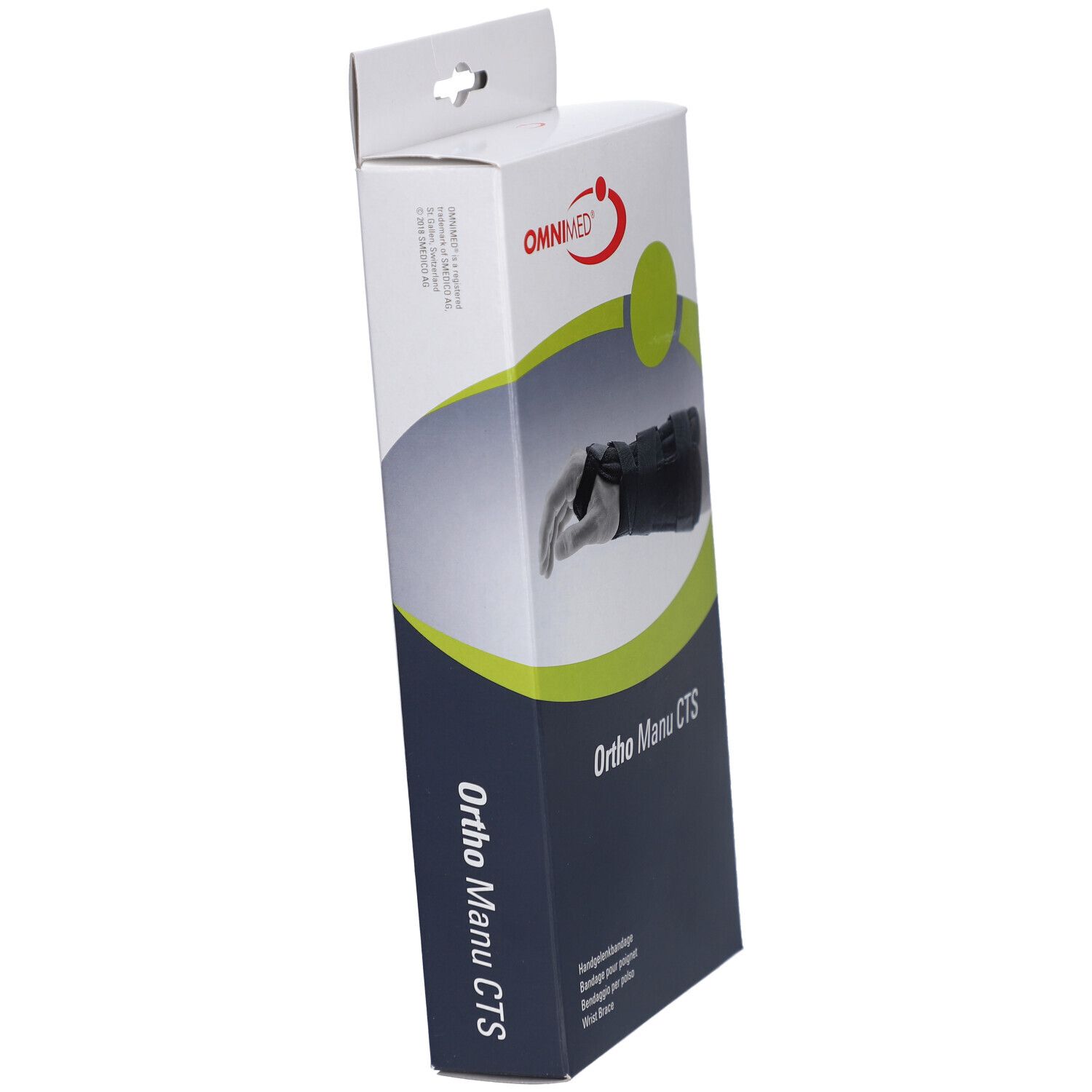 Emballage incliné de l'attelle de poignet OMNIMED Ortho Manu CTS. Texte : Ortho Manu CTS.