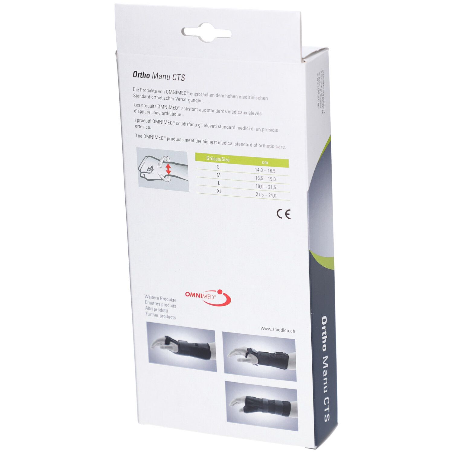Dos de l'emballage de l'attelle de poignet OMNIMED Ortho Manu CTS. Informations sur les tailles et illustrations du produit.
