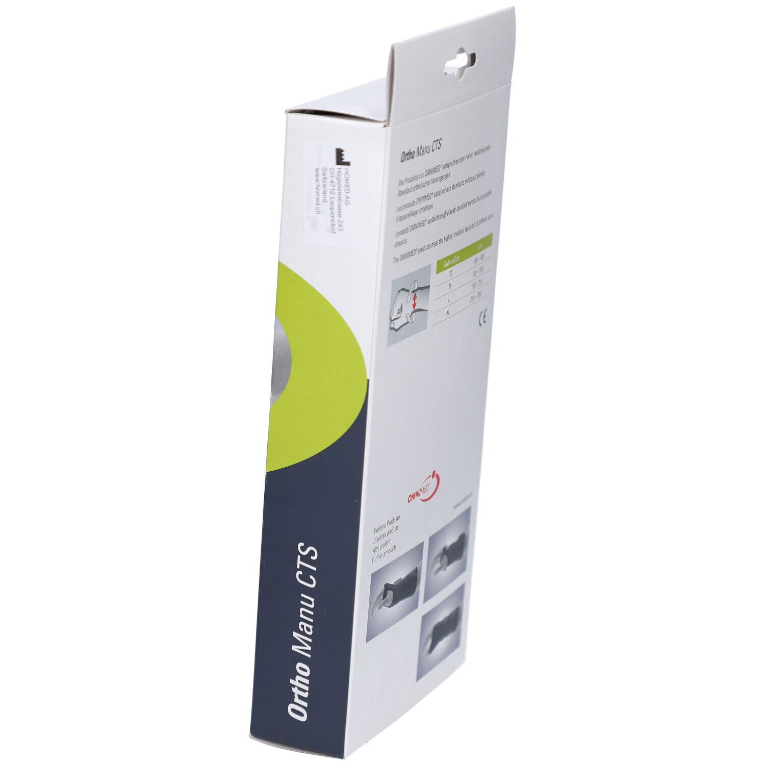 Emballage incliné de l'attelle de poignet OMNIMED Ortho Manu CTS. Informations sur les tailles et illustrations du produit.