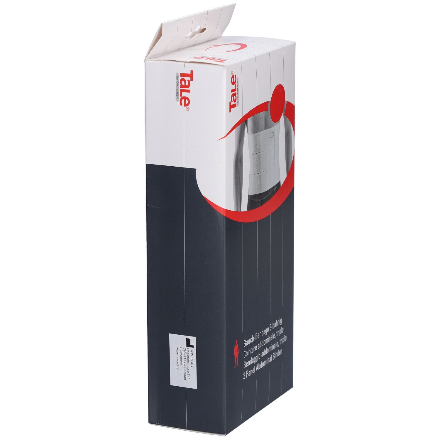 Zijaanzicht van de verpakking. Opdruk: Tale, Bauch-Bandage 3-bahning, maat L.