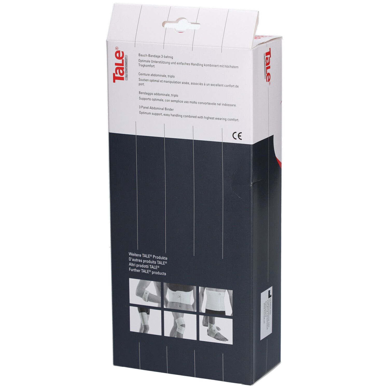 Achterkant van de verpakking. Opdruk: Tale, Bauch-Bandage 3-bahning, CE-markering.