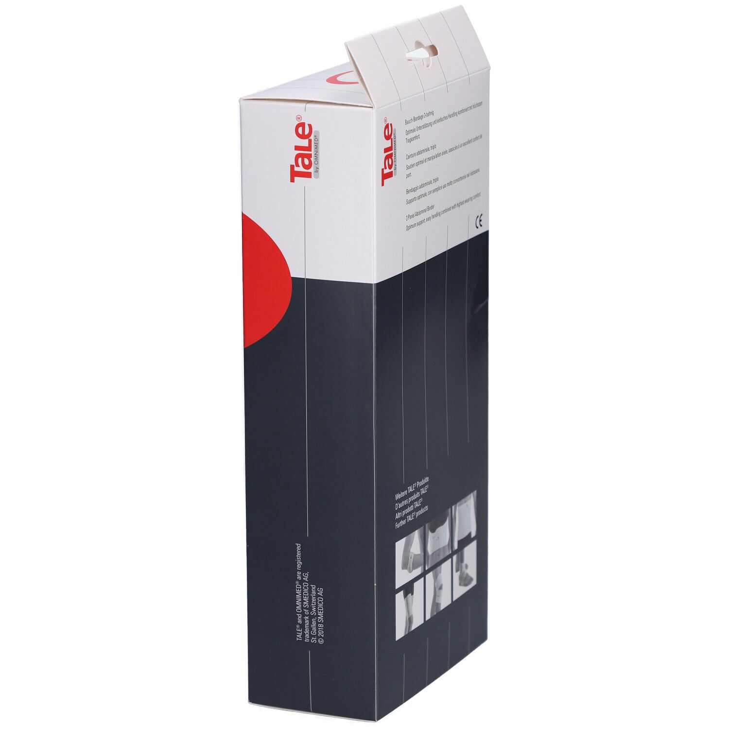Zijaanzicht van de verpakking. Opdruk: Tale, Bauch-Bandage 3-bahning, CE-markering.