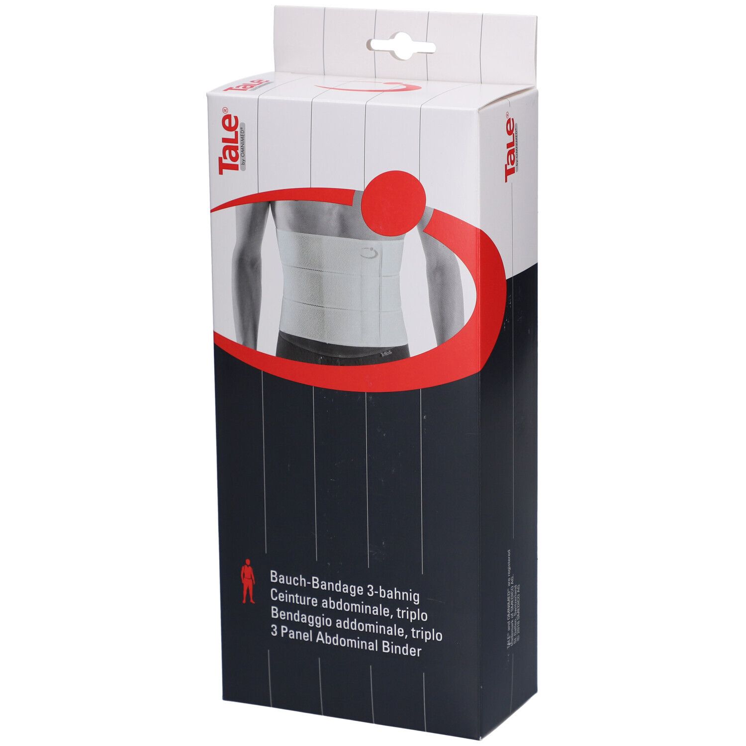 Verpakking van de Tale® Bauchbandage. Opschrift: Bauch-Bandage 3-bahnig, Ceinture abdominale, triple, Bendaggio addominale, triplo, 3 Panel Abdominal Binder.