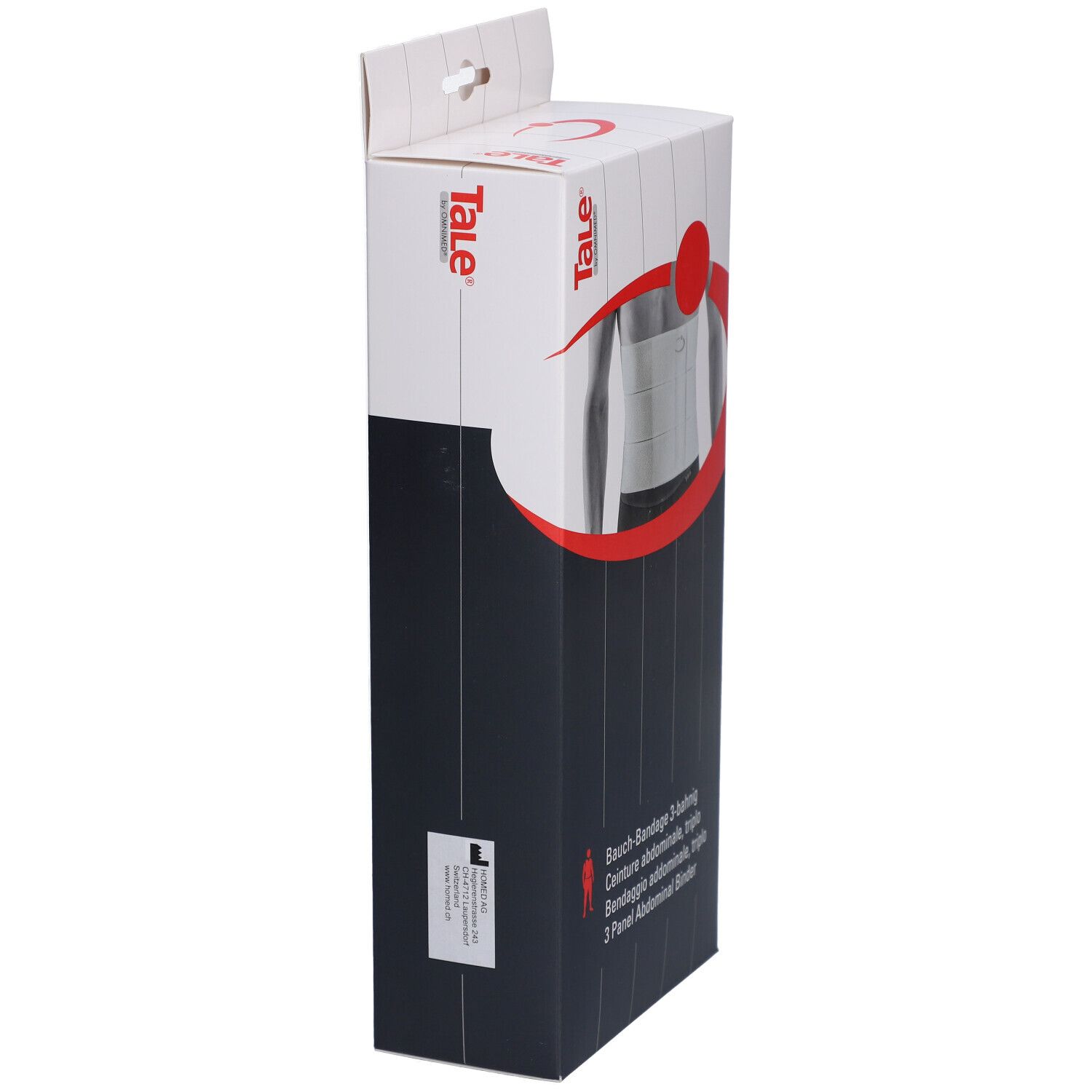 Zijaanzicht van de verpakking van de Tale® Bauchbandage. Opschrift: Tale®, Bauch-Bandage 3-bahnig, Ceinture abdominale, triple, Bendaggio addominale, triplo, 3 Panel Abdominal Binder.