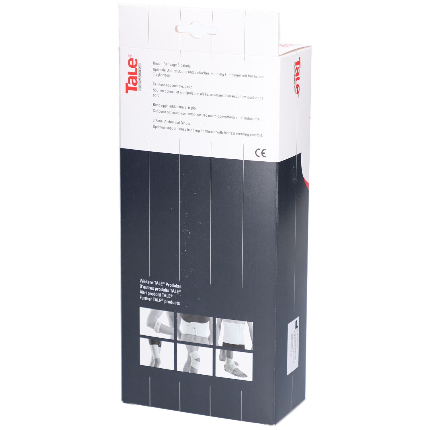 Achterkant van de verpakking van de Tale® Bauchbandage. Opschrift: Tale®, productbeschrijvingen, CE-markering.