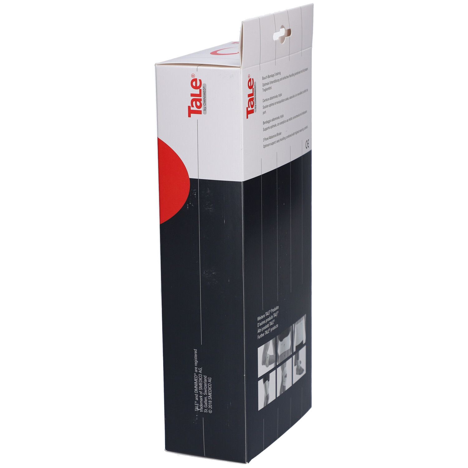 Zijaanzicht van de verpakking van de Tale® Bauchbandage. Opschrift: Tale®, productbeschrijvingen, CE-markering.