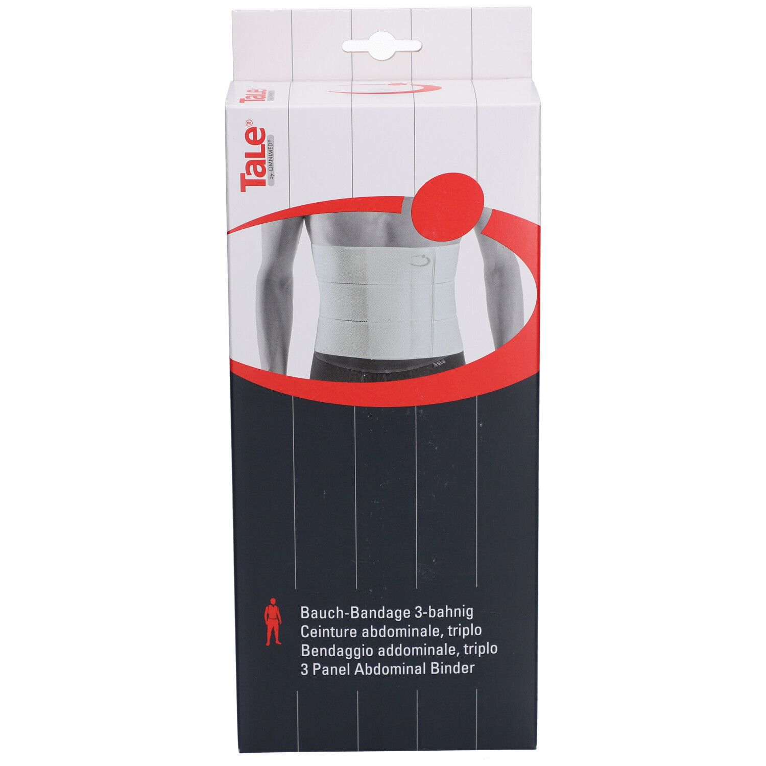 Verpakking van de Tale® Bauchbandage. Opschrift: Bauch-Bandage 3-bahnig, Ceinture abdominale, triple, Bendaggio addominale, triplo, 3 Panel Abdominal Binder.