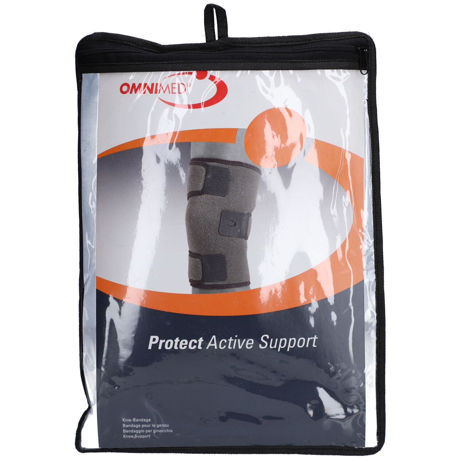 OMNIMED bandage genou dans emballage. Sac noir avec image du produit. Bandage sur genou, fermetures velcro.
