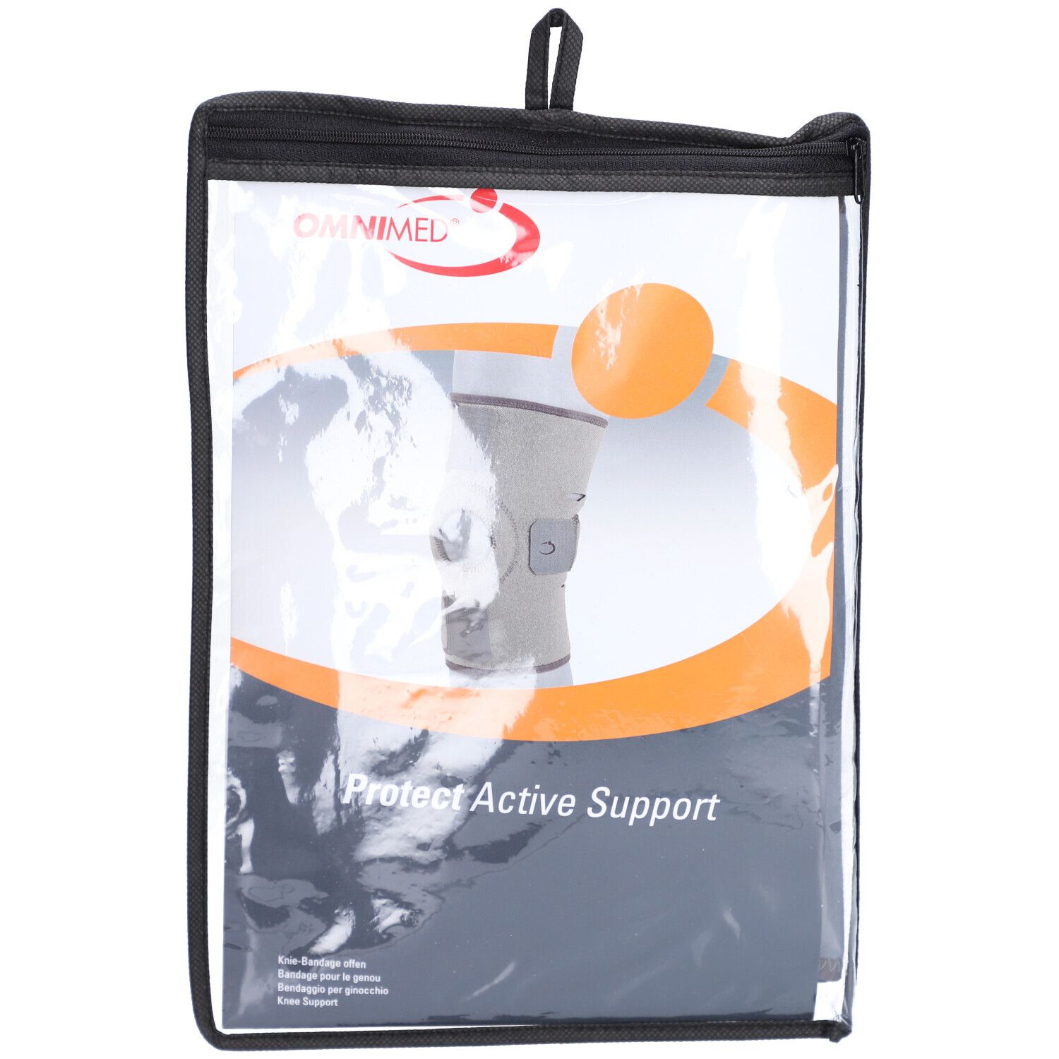 Genouillère dans un emballage. Logo Omnimed, texte Protect Active Support. Sac transparent avec bord noir.