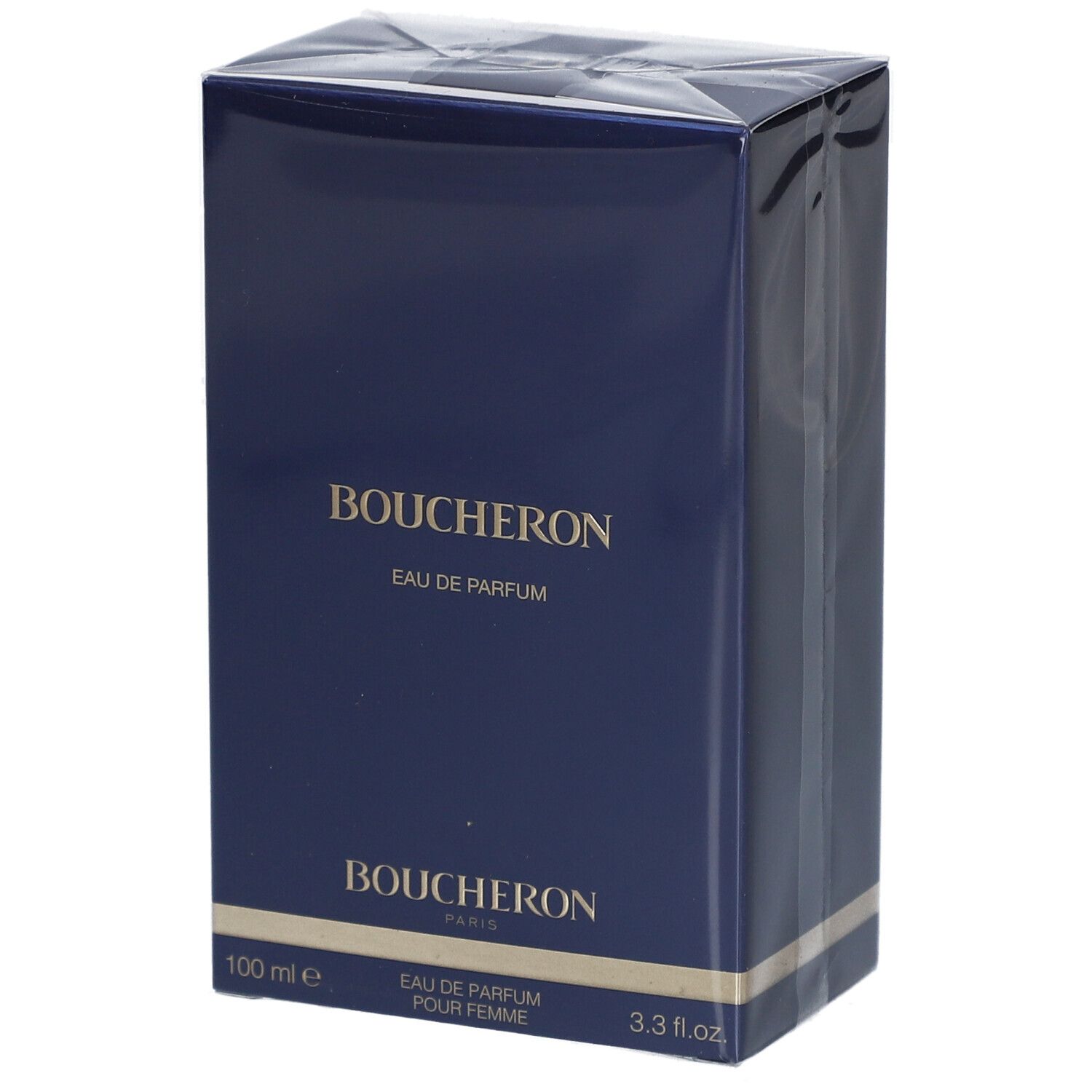 Donkerblauwe doos met 'BOUCHERON' en 'EAU DE PARFUM'. Gouden tekst. 100 ml en 3.3 fl.oz.