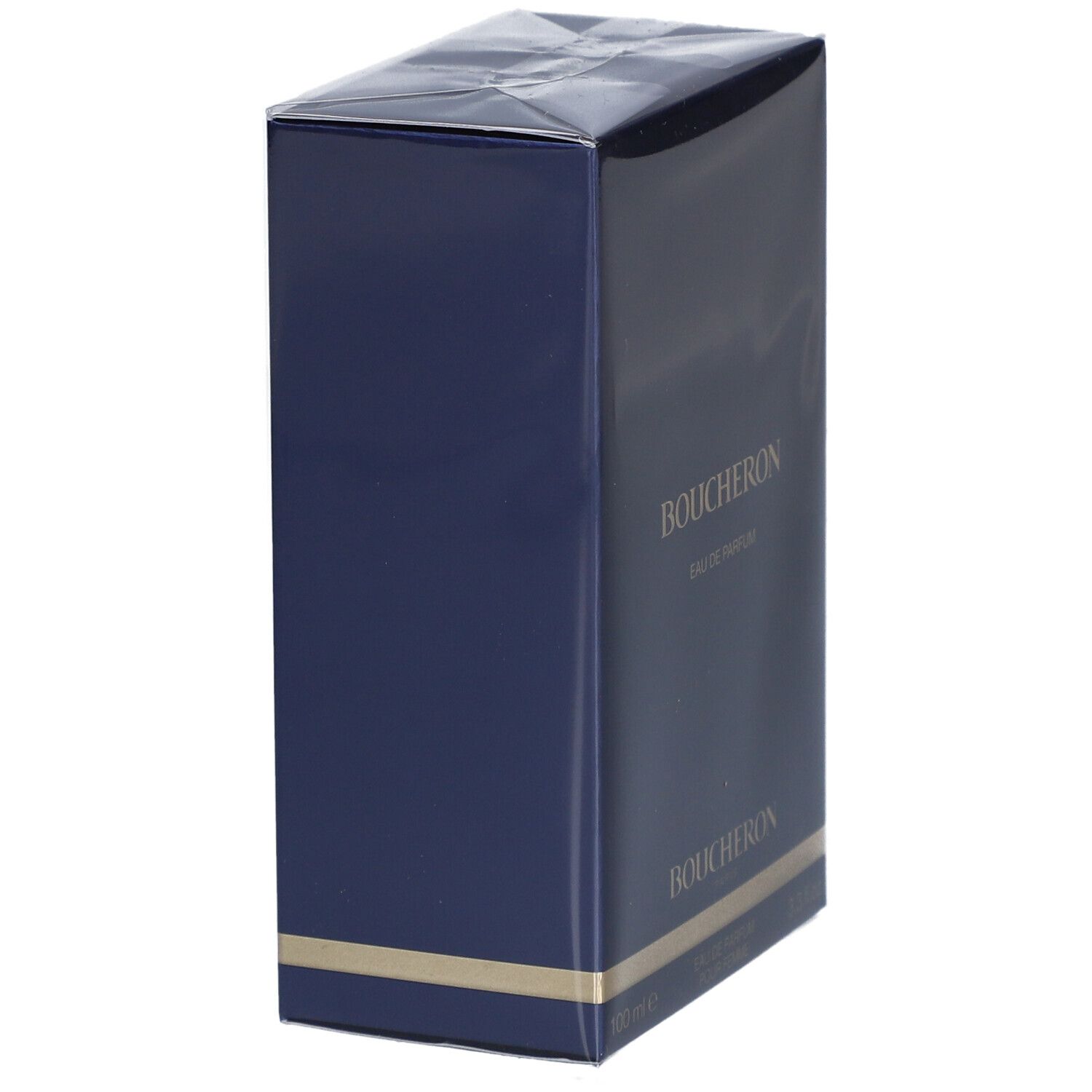Donkerblauwe doos met 'BOUCHERON' en 'EAU DE PARFUM'. Gouden streep. Hoekweergave.
