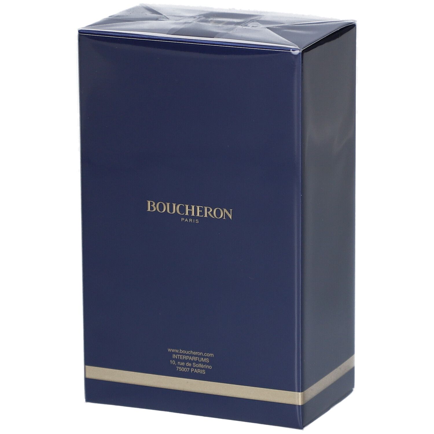 Donkerblauwe doos met 'BOUCHERON' en 'EAU DE PARFUM'. Gouden streep. Achteraanzicht.