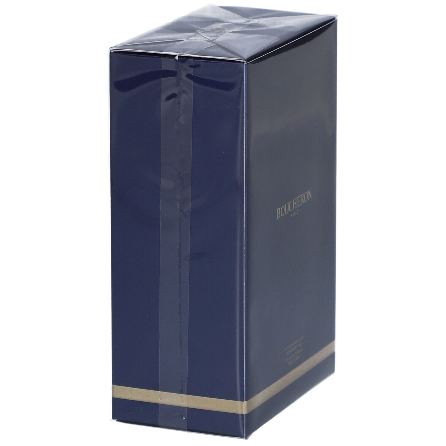 Donkerblauwe doos met 'BOUCHERON' en 'EAU DE PARFUM'. Transparante plakband.