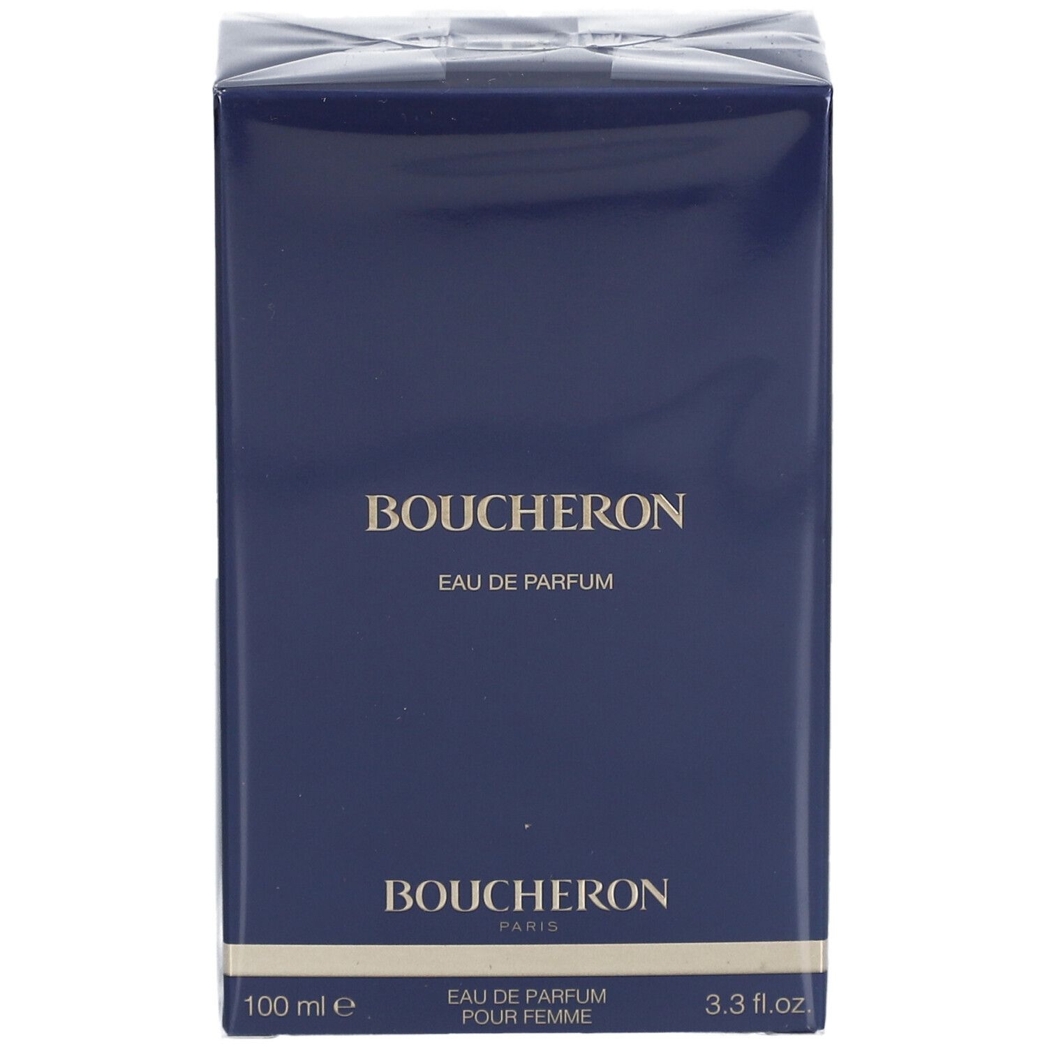 Donkerblauwe doos met 'BOUCHERON' en 'EAU DE PARFUM'. Gouden tekst. 100 ml en 3.3 fl.oz.
