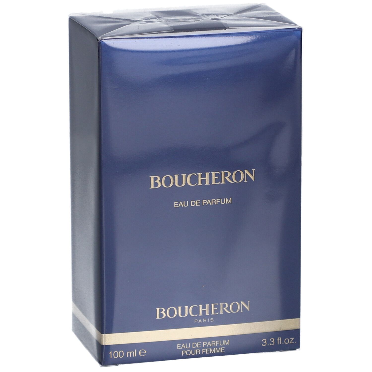 Donkerblauwe doos met 'BOUCHERON' en 'EAU DE PARFUM'. Gouden tekst. 100 ml en 3.3 fl.oz.