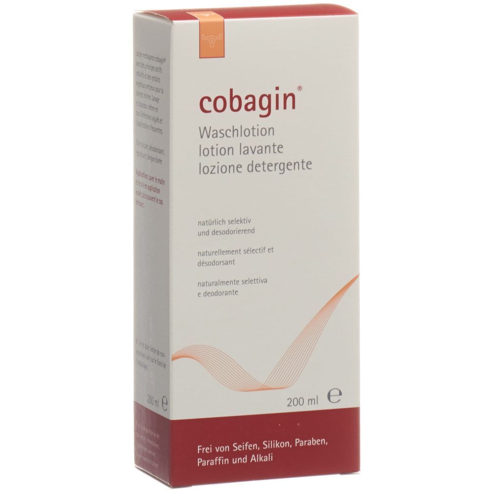 Witte doos met rode tekst. Bevat COBAGIN® Waslotion. Tekst in het Duits, Frans, Italiaans. 200 ml.