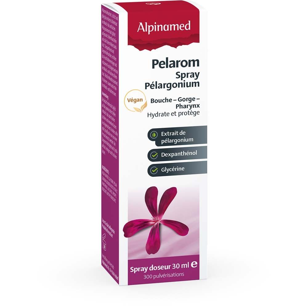 Boîte de spray Alpinamed Pelarom. Carton blanc avec informations et logo. Label vegan. Illustration de fleur rouge.