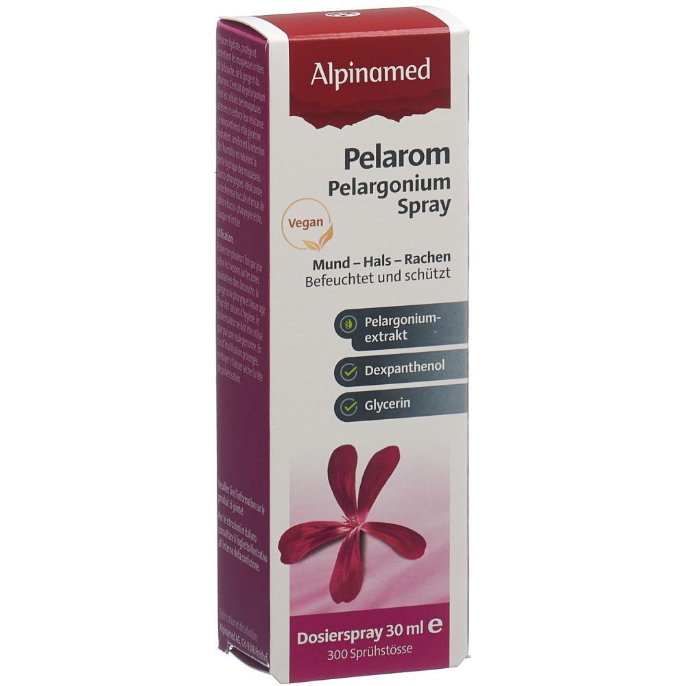 Boîte de spray Alpinamed Pelarom. Carton blanc avec informations et logo. Label vegan. Illustration de fleur rouge.