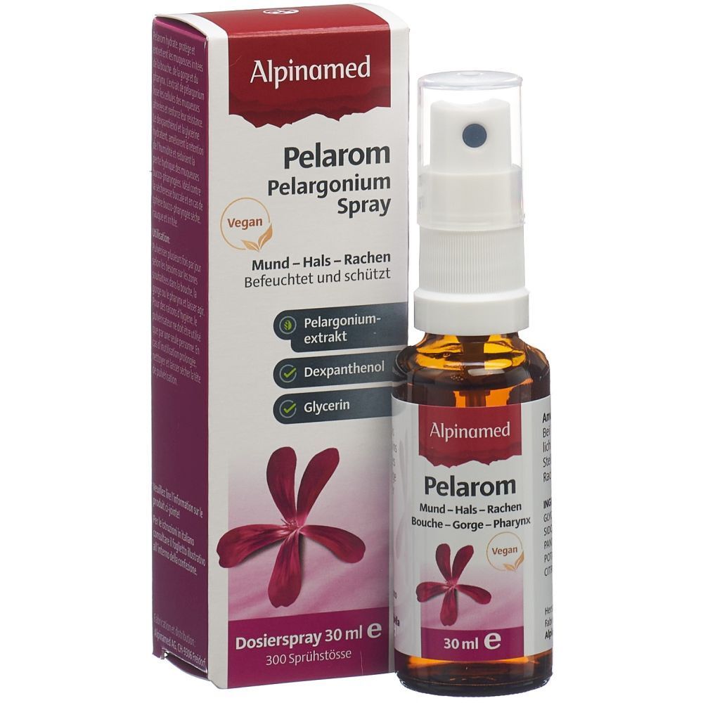 Flacon et boîte de spray Alpinamed Pelarom. Flacon brun avec pulvérisateur. Nom du produit et logo. Label vegan.