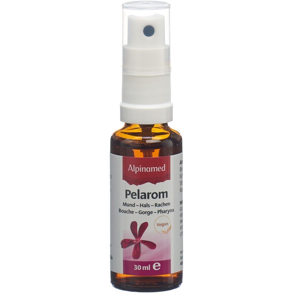 Flacon de spray Alpinamed Pelarom. Flacon brun avec pulvérisateur blanc. Nom et logo. Label vegan. 30 ml.