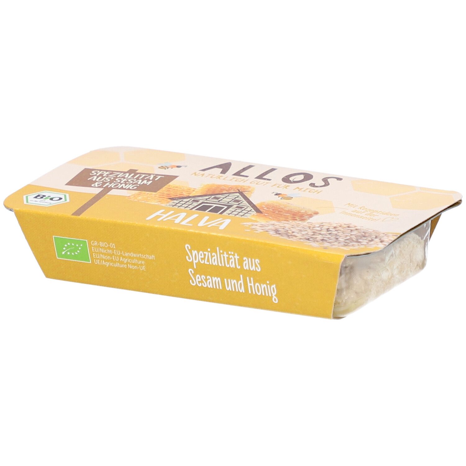 Allos Halva Spécialité de sésame et miel dans un emballage jaune avec sceau bio.