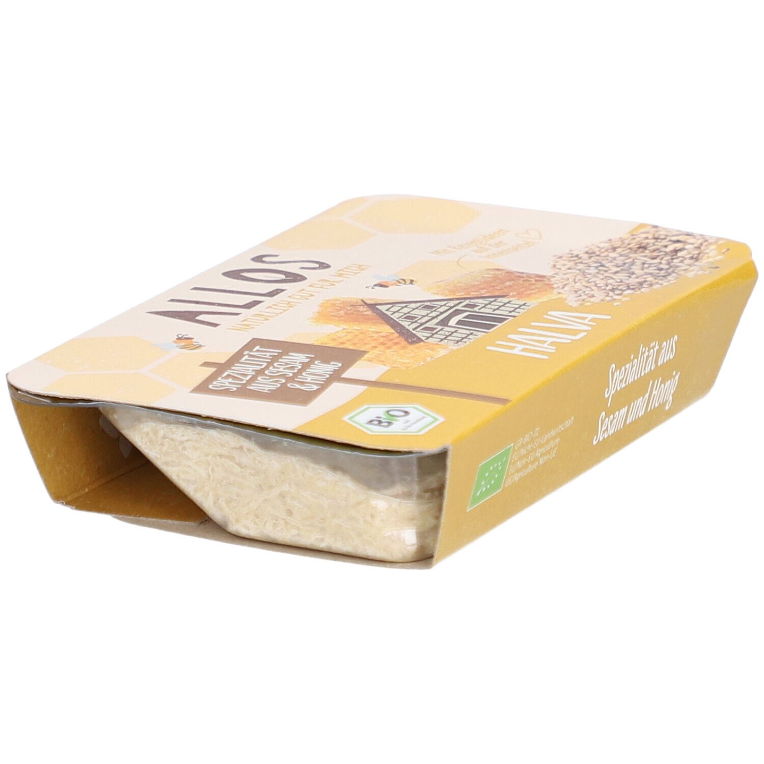 Allos Halva Spécialité de sésame et miel, vue latérale de l'emballage jaune.