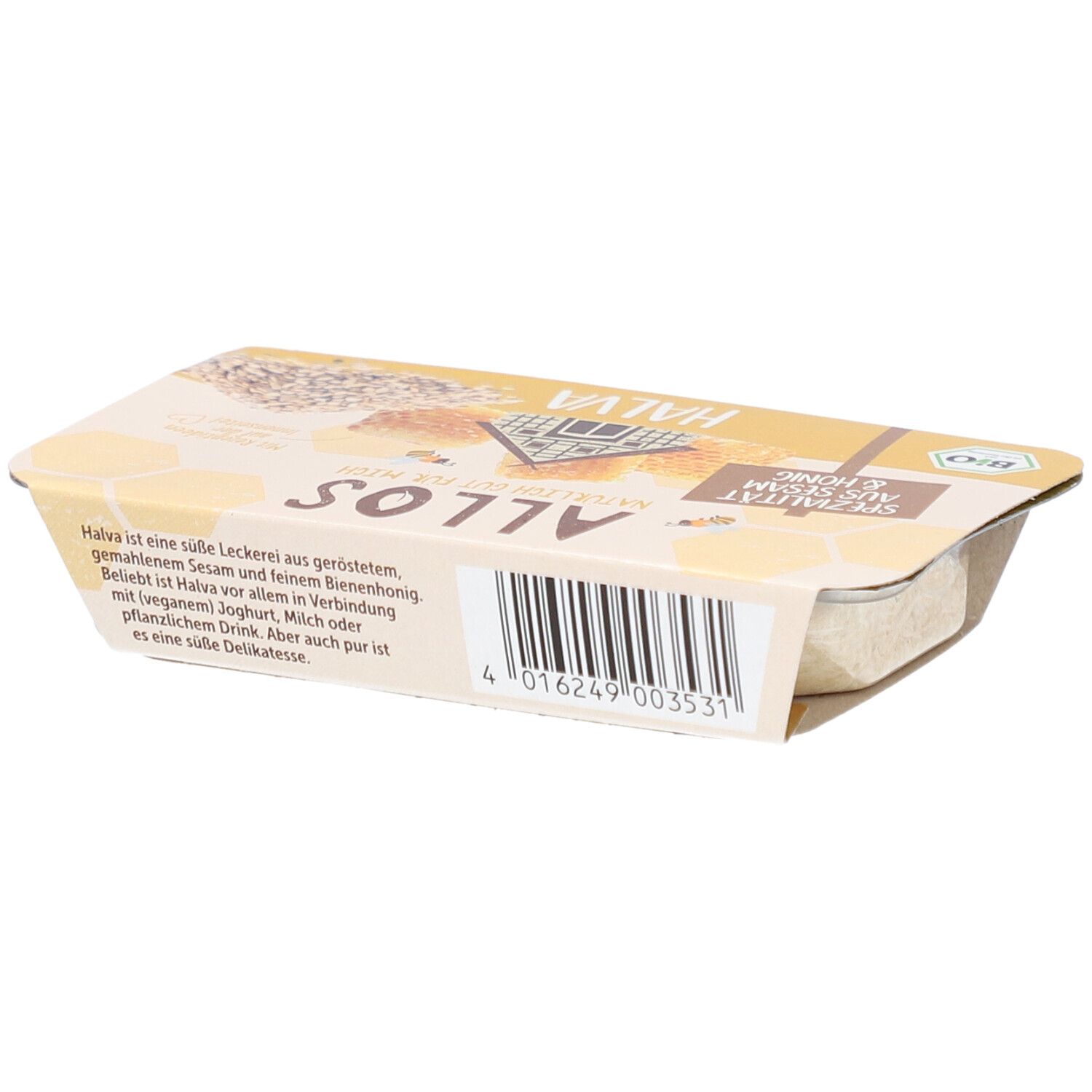 Arrière de l'emballage Allos Halva Spécialité de sésame et miel avec code-barres.