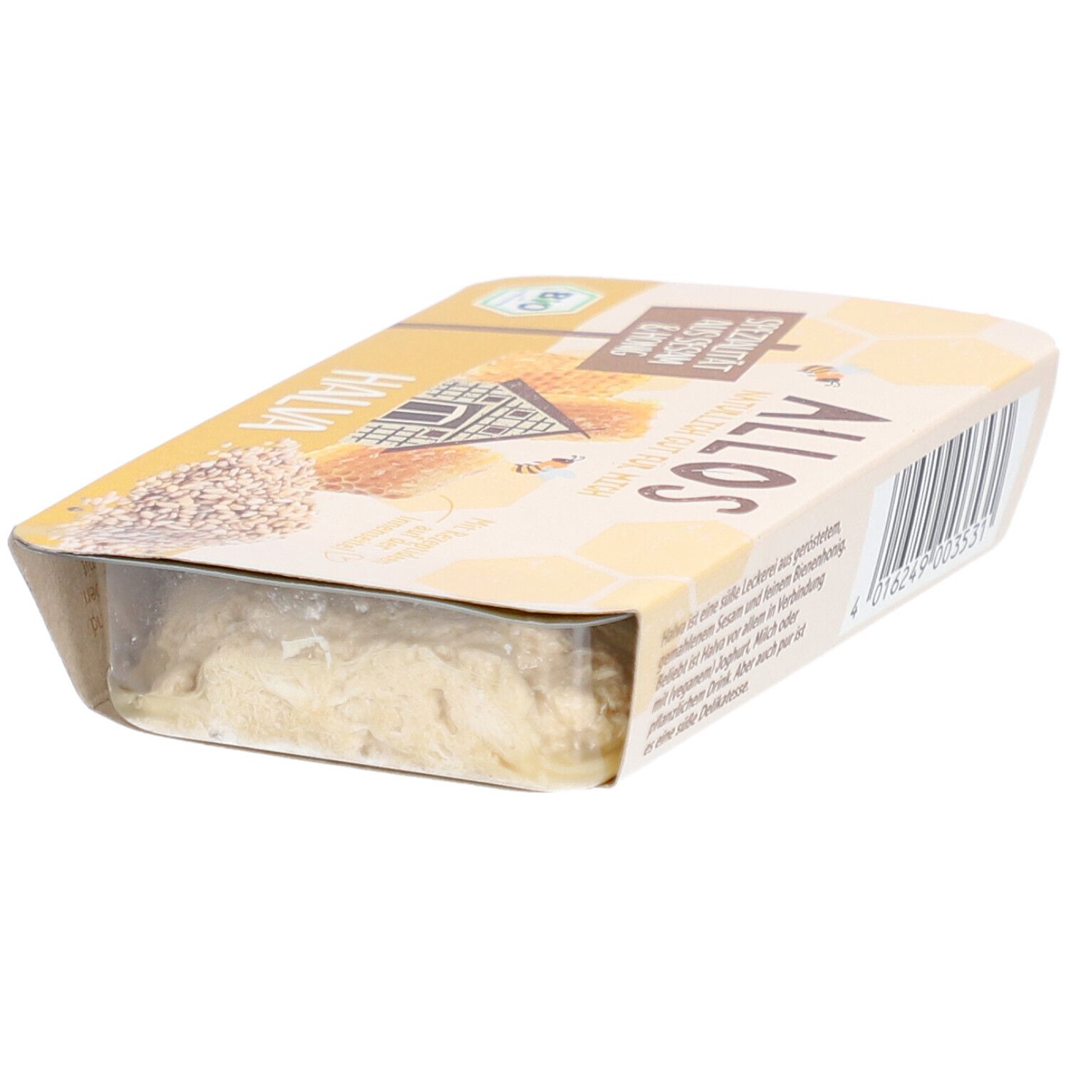 Allos Halva Spécialité de sésame et miel, vue en biais de l'emballage jaune.