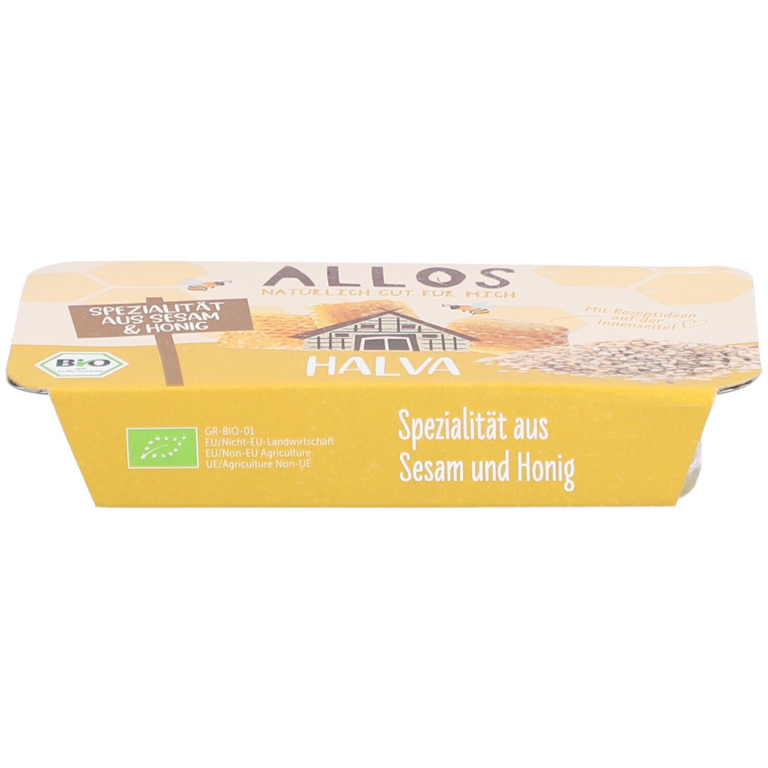 Allos Halva Spécialité de sésame et miel, face avant de l'emballage jaune avec sceau bio.