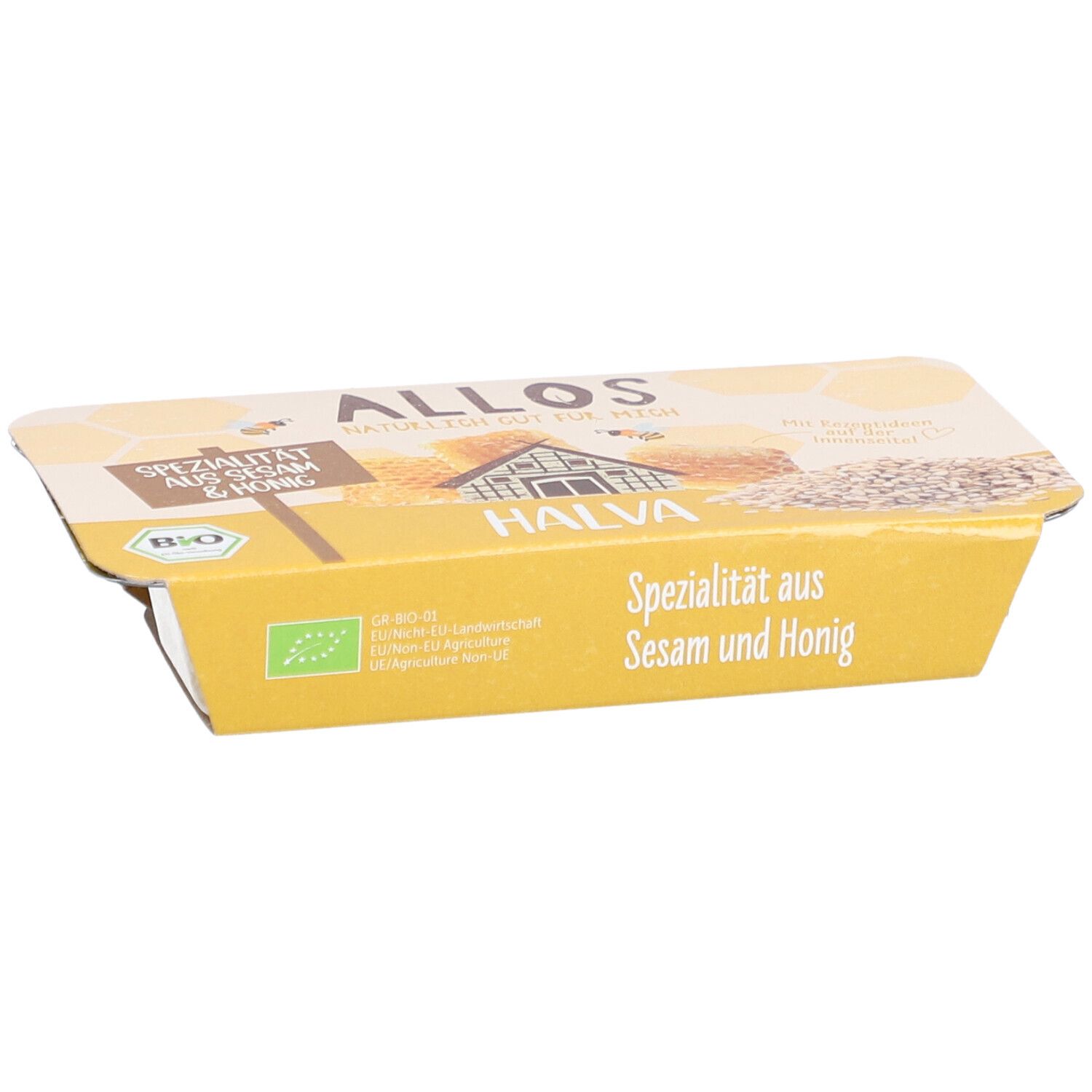 Allos Halva Spécialité de sésame et miel, vue légèrement en biais de l'emballage.