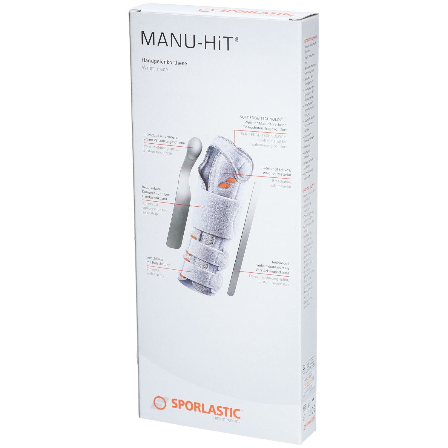 Verpakking van de polsbrace. Opschrift: MANU-HIT, SPORLASTIC. Illustraties: productkenmerken en toepassing.