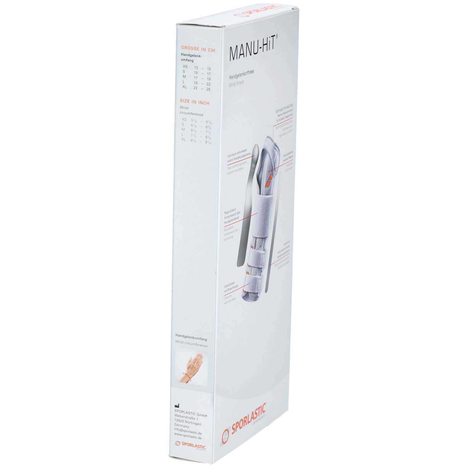 Zijaanzicht van de verpakking. Opschrift: MANU-HIT, SPORLASTIC. Maattabel. Afbeelding: polsbrace.