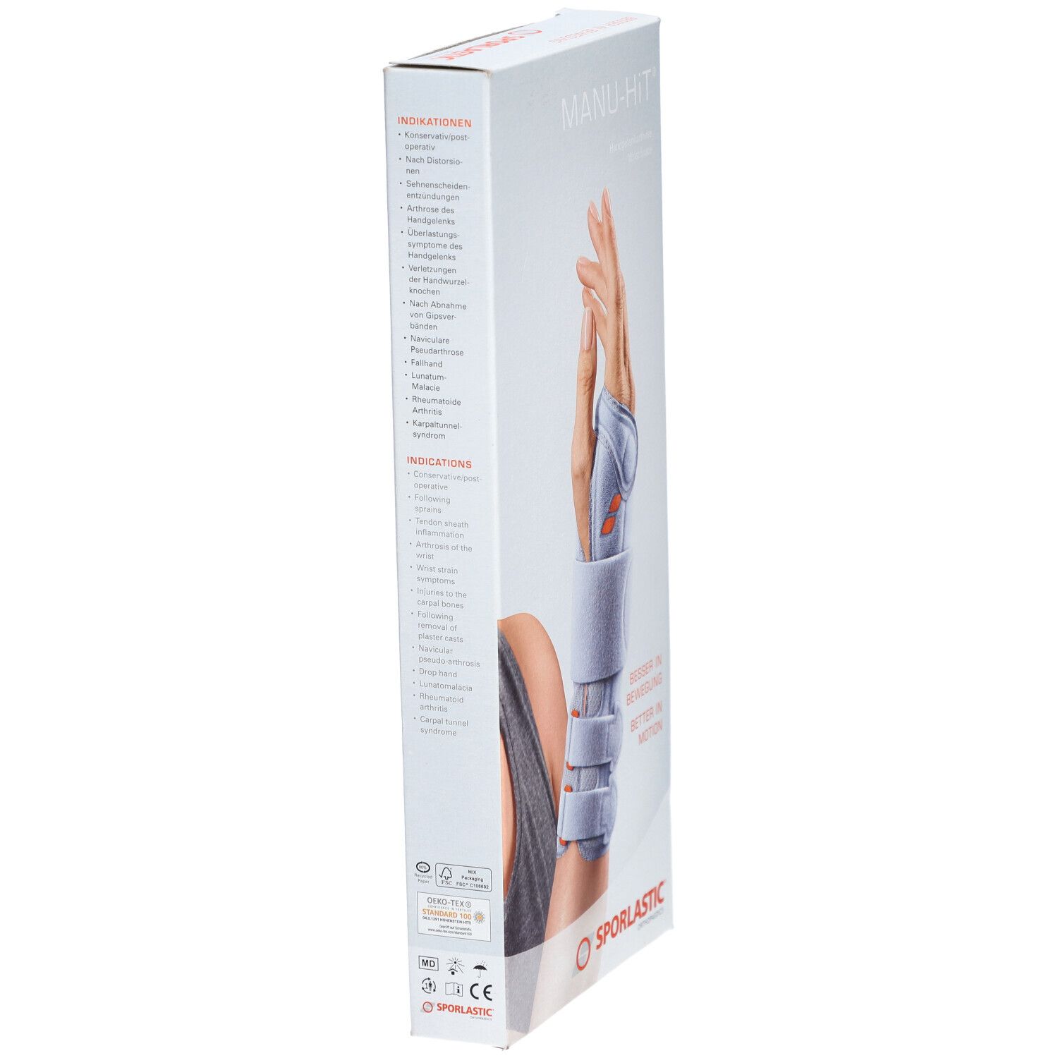 Zijaanzicht van de verpakking. Opschrift: MANU-HIT, SPORLASTIC. Tekst: MEDIKATIES. Afbeelding: hand met brace.