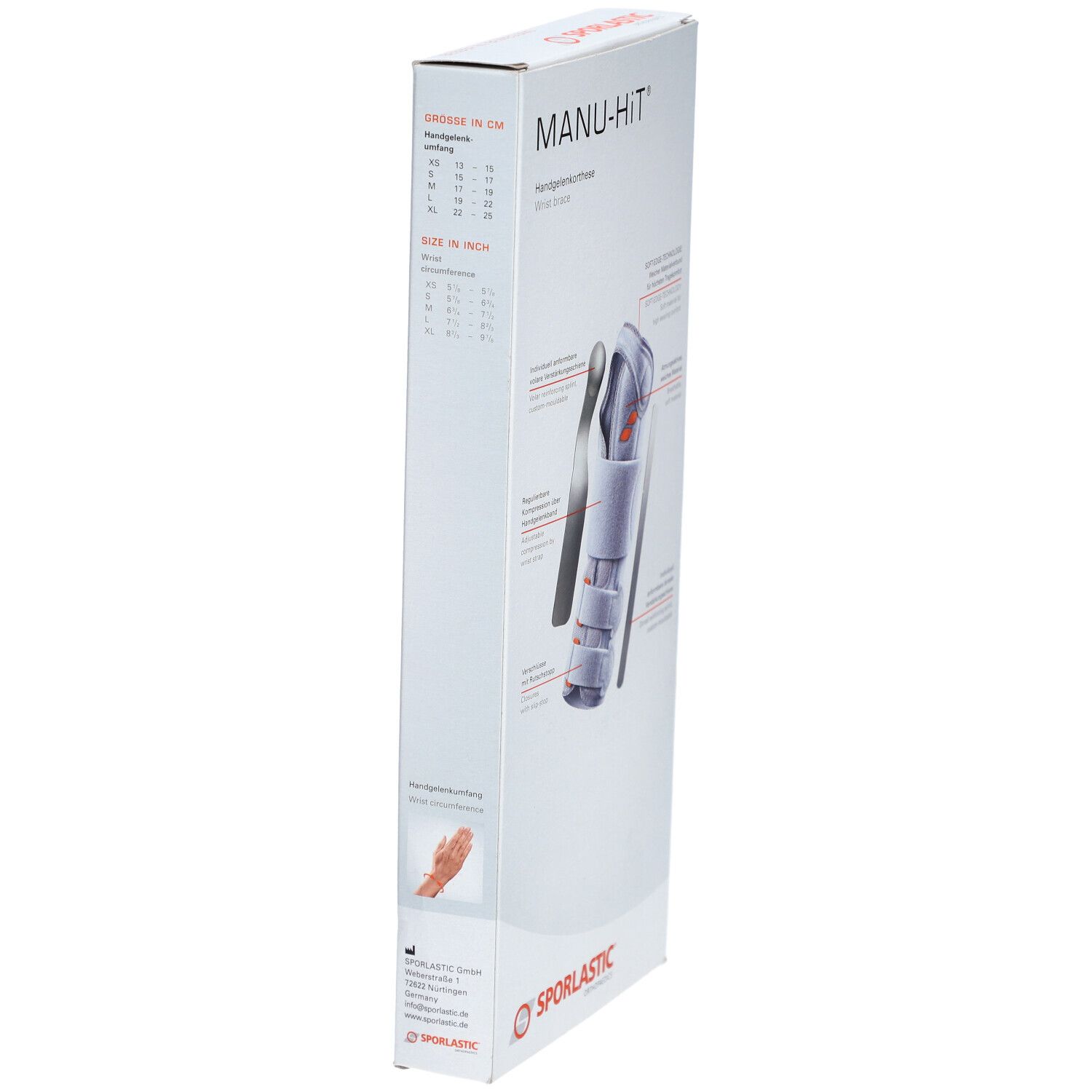Zijaanzicht van de verpakking. Opschrift: MANU-HIT, SPORLASTIC. Afbeelding: brace. Tekst: MATEN IN CM.