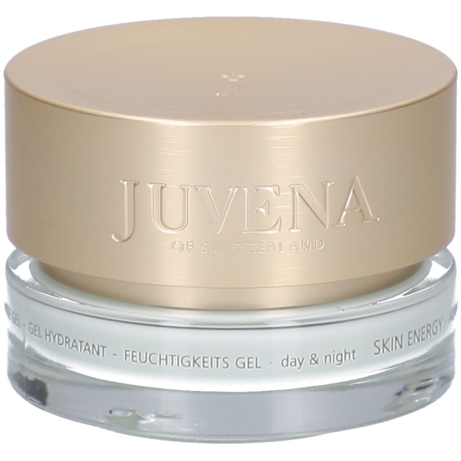 Pot de crème avec couvercle doré. Inscription: JUVENA OF SWITZERLAND. Texte: SKIN ENERGY AQUA RECHARGE GEL.