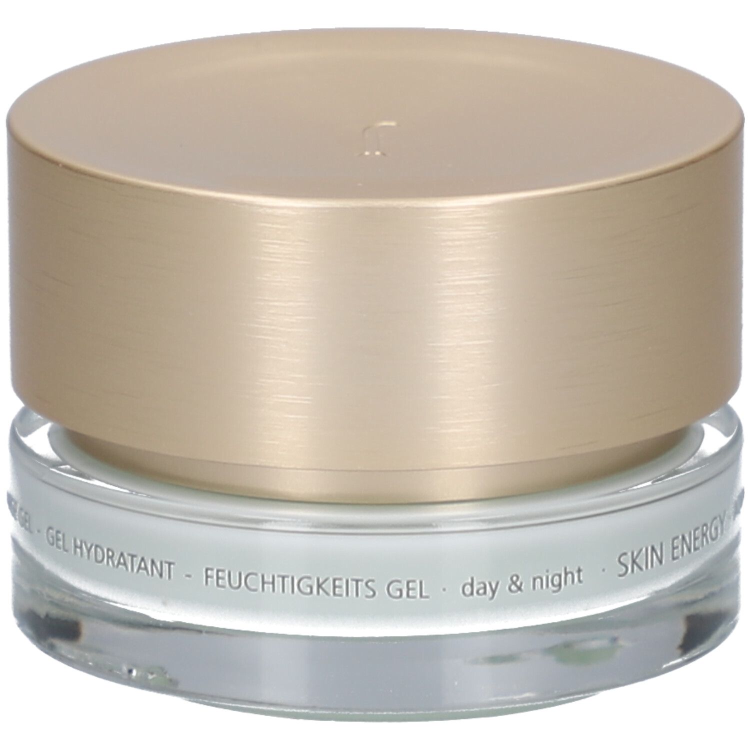 Pot de crème avec couvercle doré. Inscription: JUVENA OF SWITZERLAND. Texte: SKIN ENERGY AQUA RECHARGE GEL.