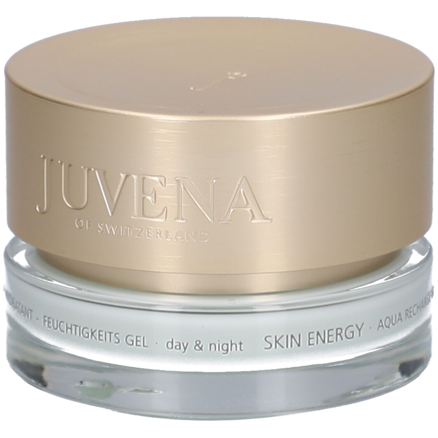 Pot de crème avec couvercle doré. Inscription: JUVENA OF SWITZERLAND. Texte: SKIN ENERGY AQUA RECHARGE GEL.