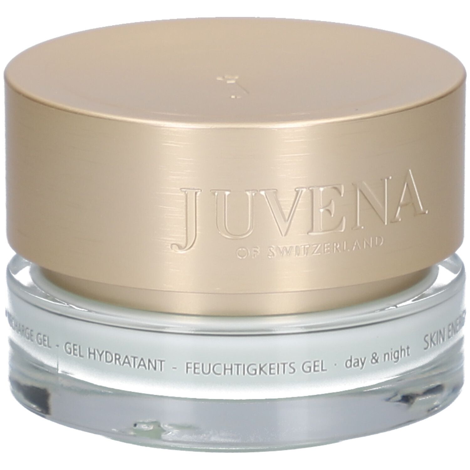 Pot de crème avec couvercle doré. Inscription: JUVENA OF SWITZERLAND. Texte: SKIN ENERGY AQUA RECHARGE GEL.